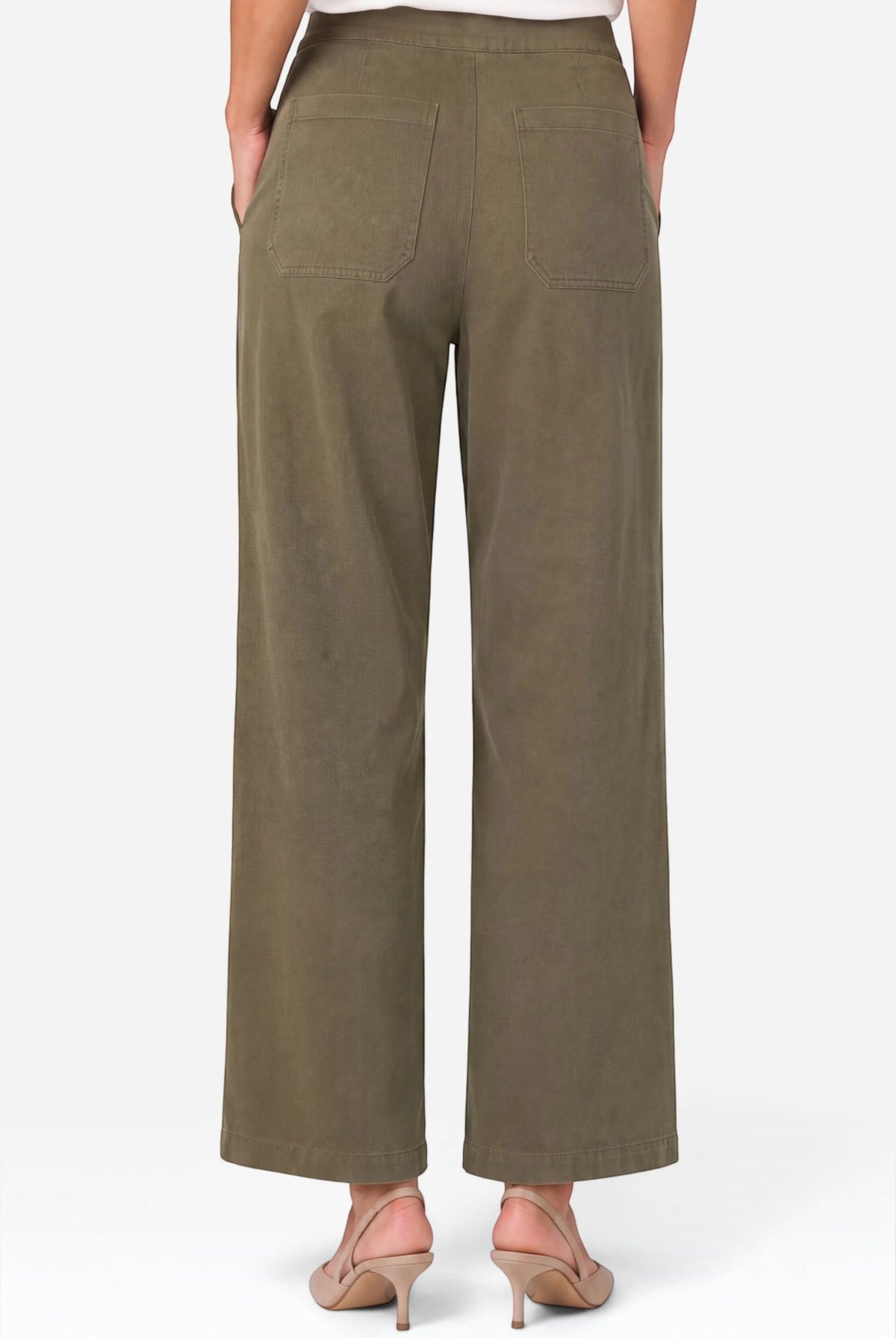 Back view of the Hunter Green wide-leg crop trouser with drawstring waist, showing the silhouette and back patch pockets