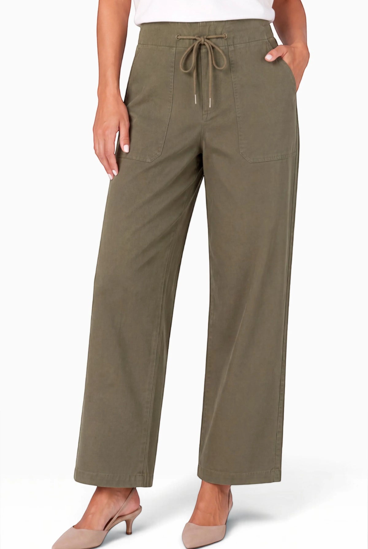 Model wearing Hunter Green wide-leg crop trouser with drawstring waist, front view styled with heeled mules