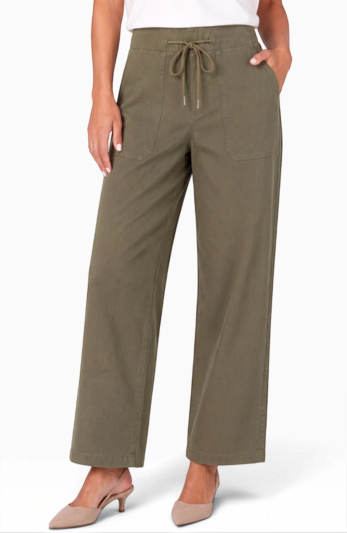 Model wearing Hunter Green wide-leg crop trouser with drawstring waist, front view styled with heeled mules
