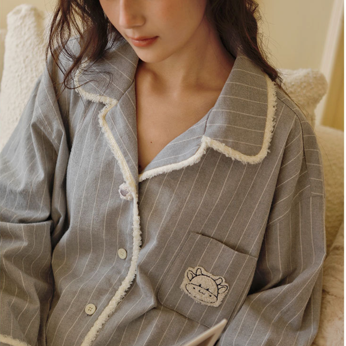 Grey flannel pajama top with contrast piped collar