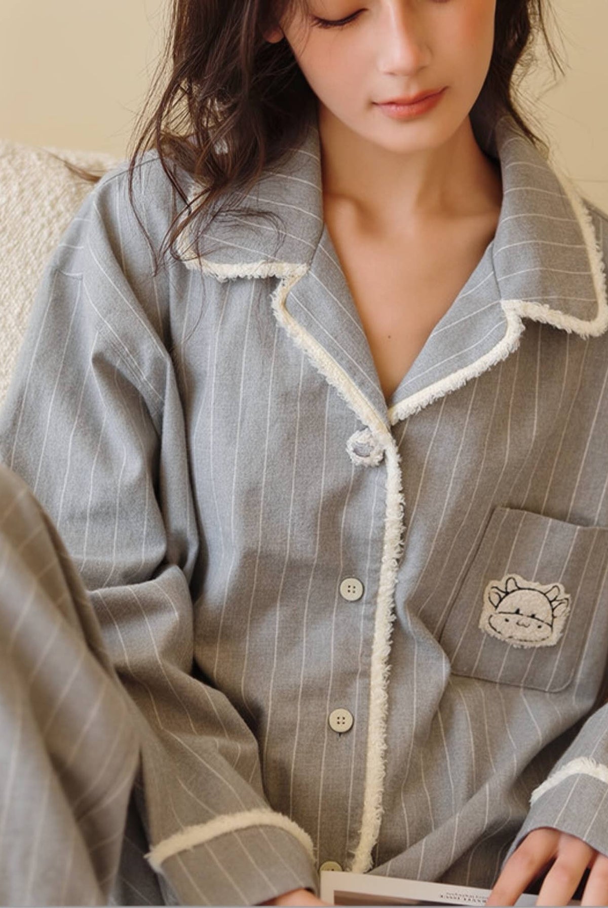 Grey pinstripe brushed cotton flannel pajama set with button-front top