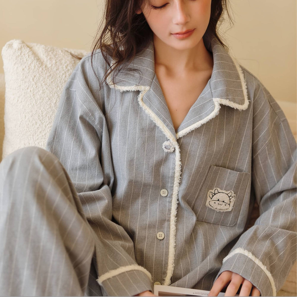 Grey pinstripe brushed cotton flannel pajama set with button-front top