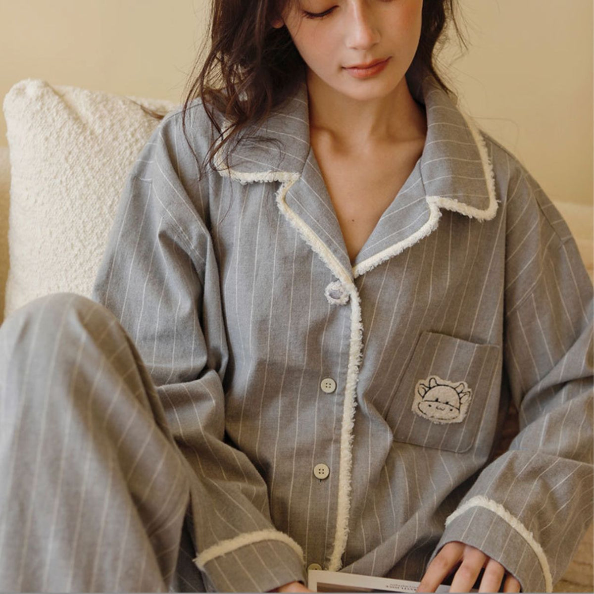 Grey brushed cotton flannel pajama set, product photo