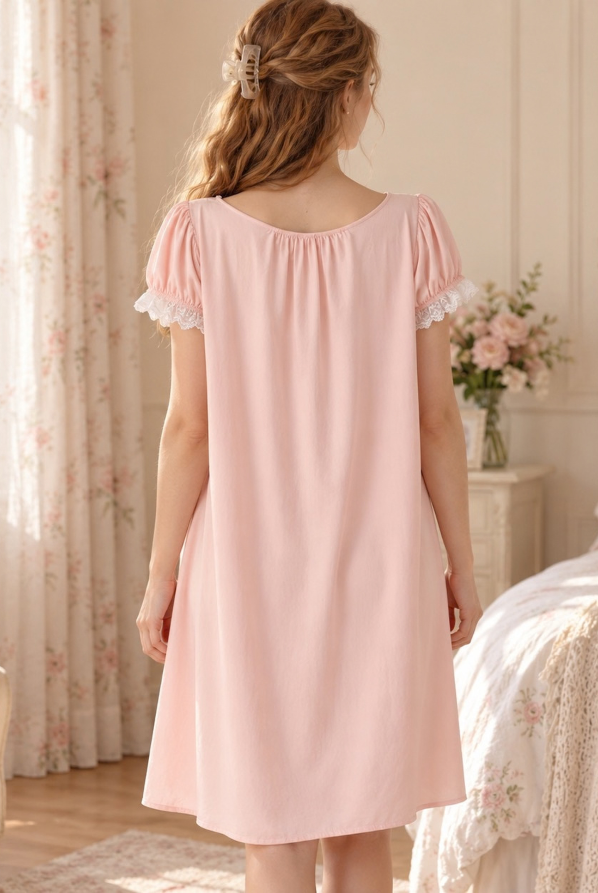 Back view of the pink cotton lace trim nightgown
