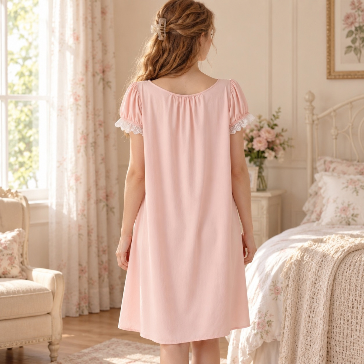 Back view of the pink cotton lace trim nightgown