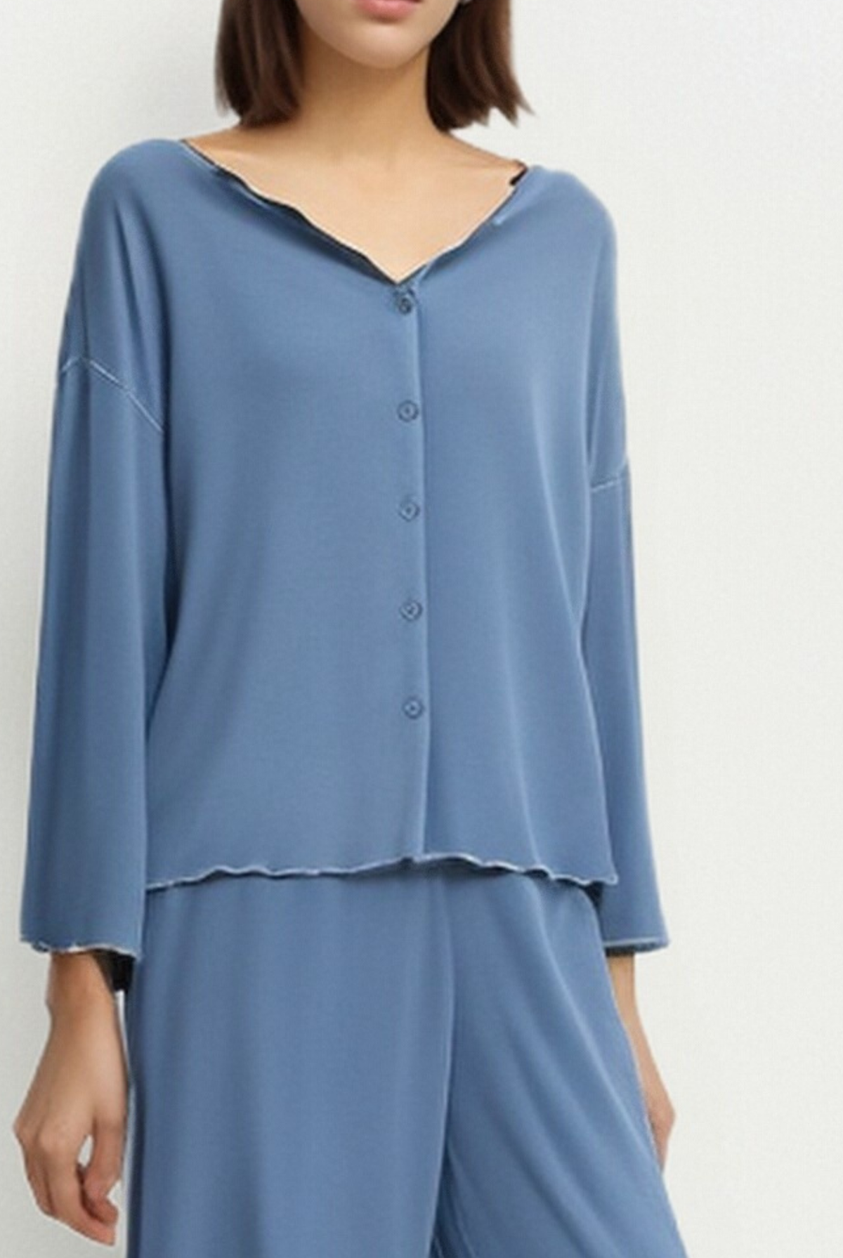 Foggy blue modal loungewear set with V-neck button cardigan top