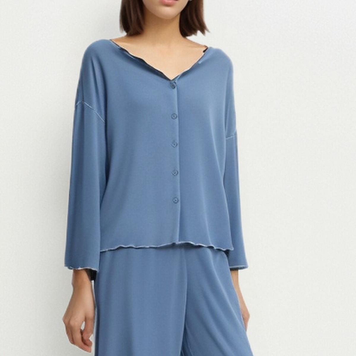 Foggy blue modal loungewear set with V-neck button cardigan top