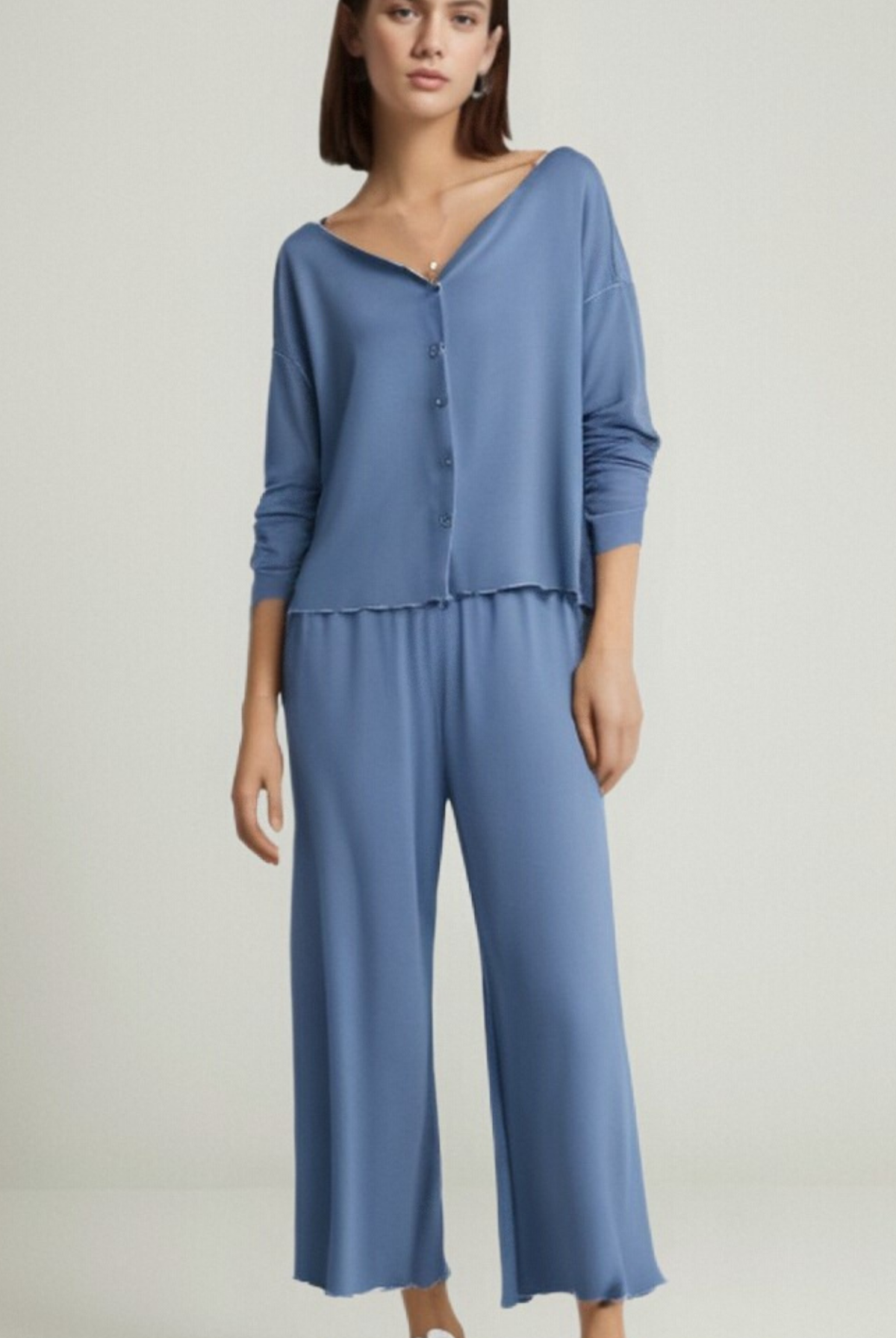 Full-length view of the foggy blue modal loungewear set