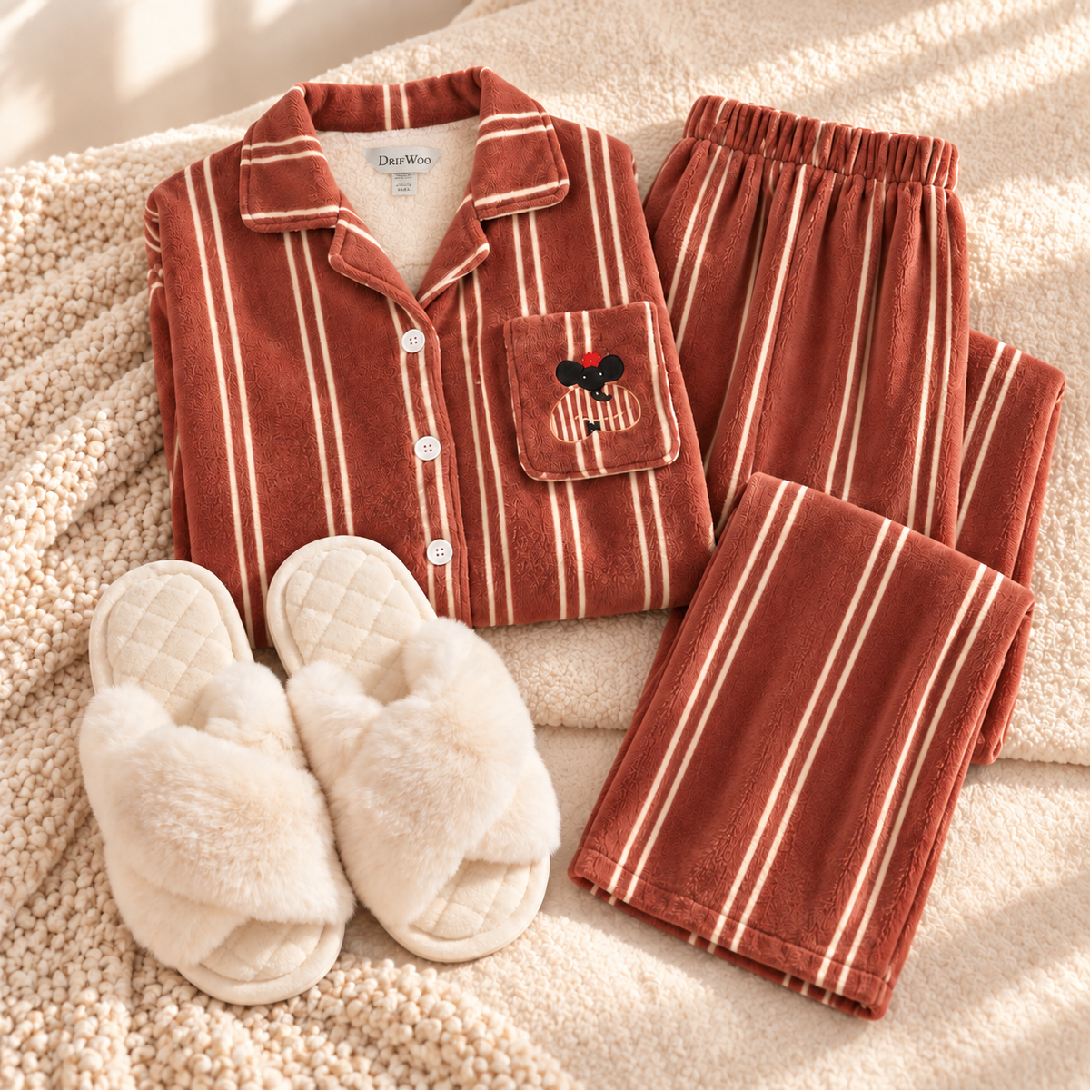 Flat lay of DrifWoo red and cream stripe button-front pajama set with ivory fluffy slippers