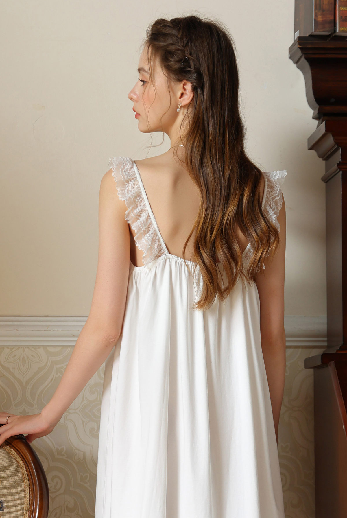 Back view of the white lace strap nightgown
