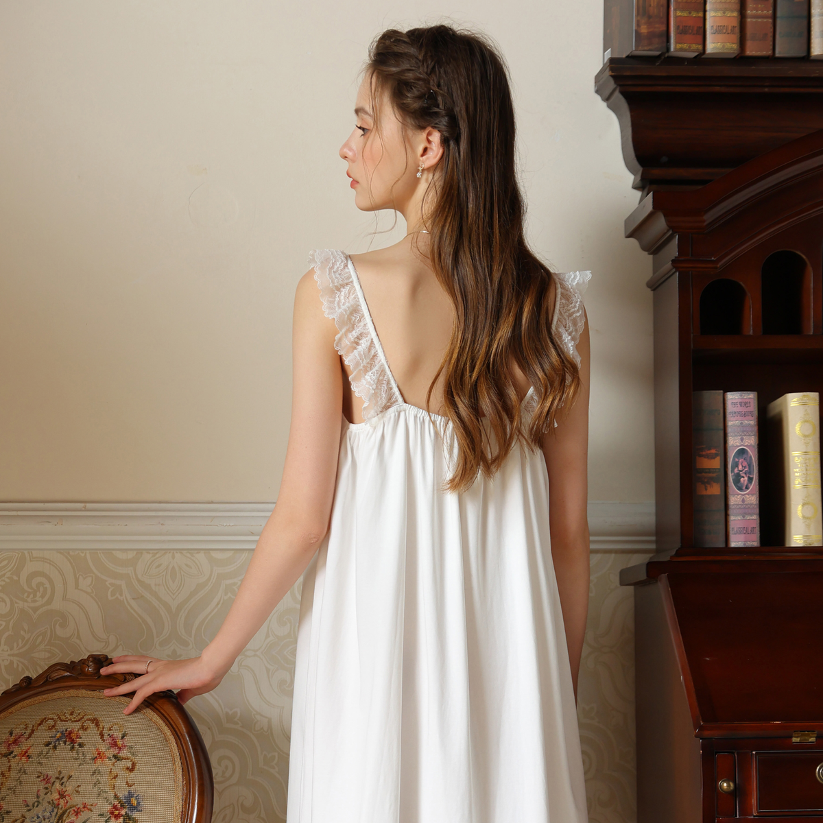 Back view of the white lace strap nightgown