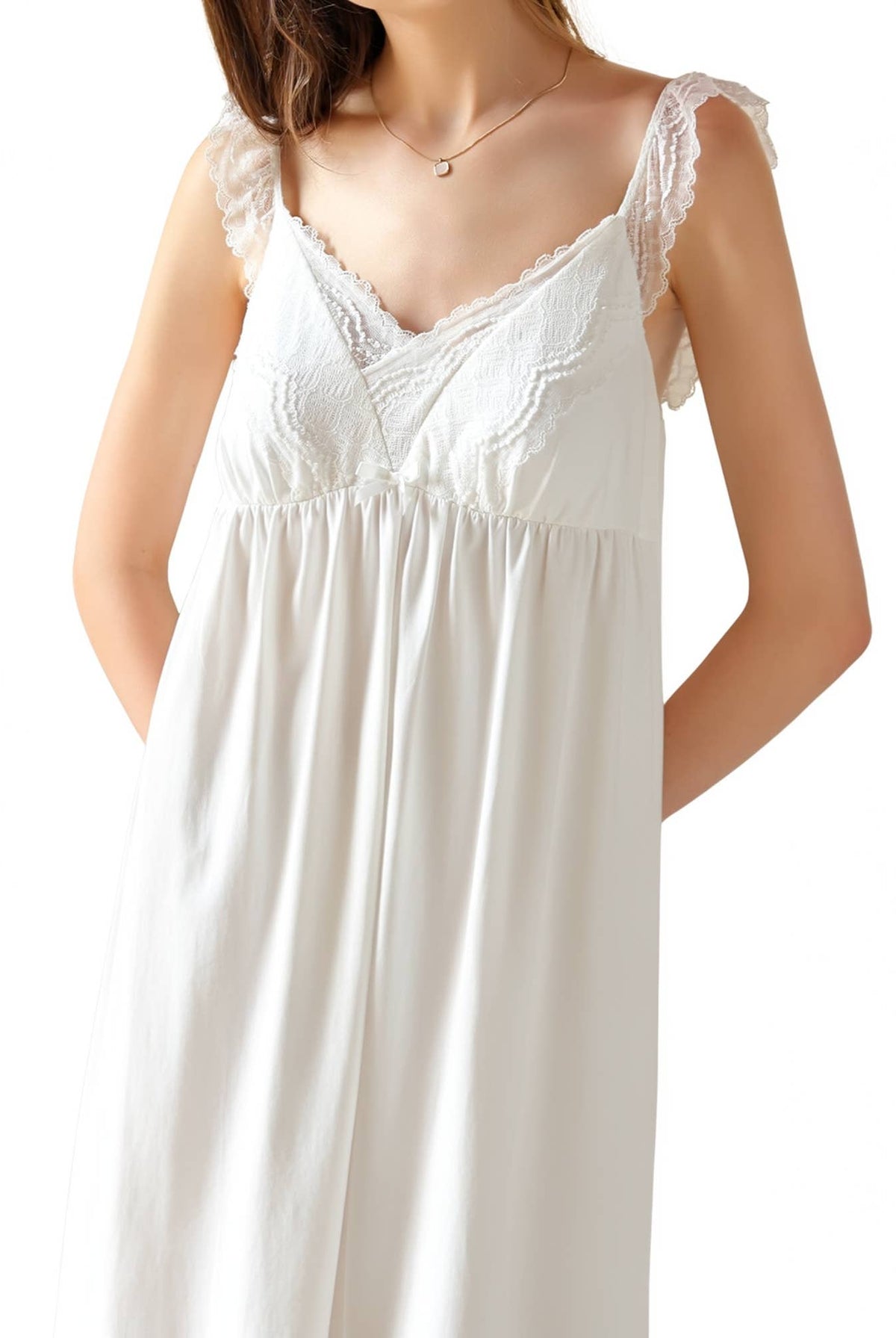 White lace strap nightgown with built-in bra, front view
