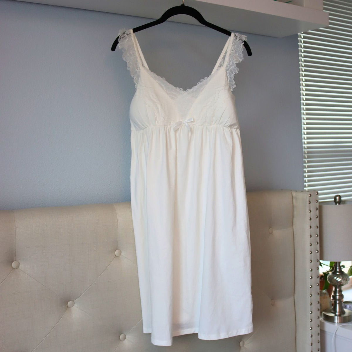 White lace strap nightgown with built-in bra, product photo