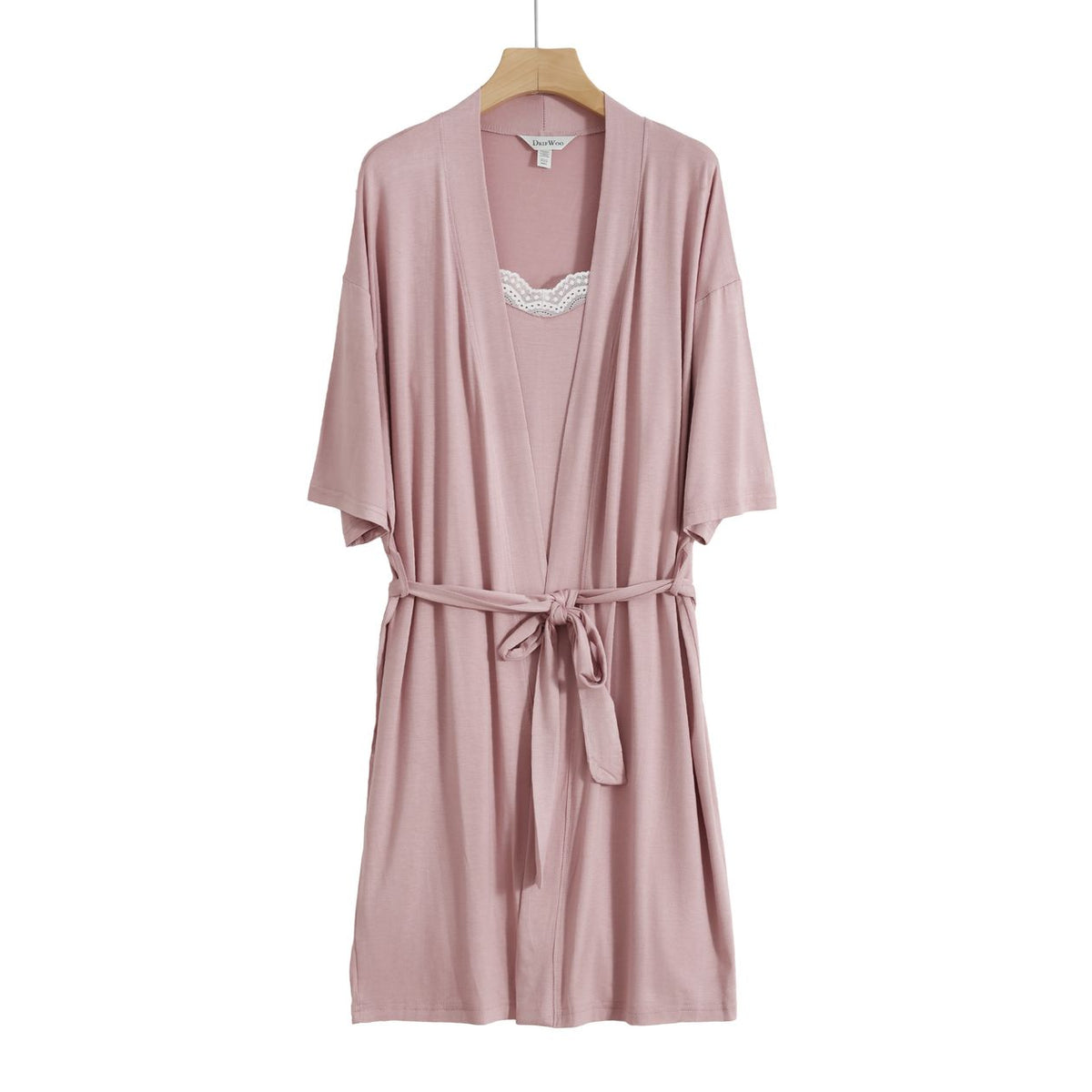 Dusty rose lace trim robe and slip set, product photo