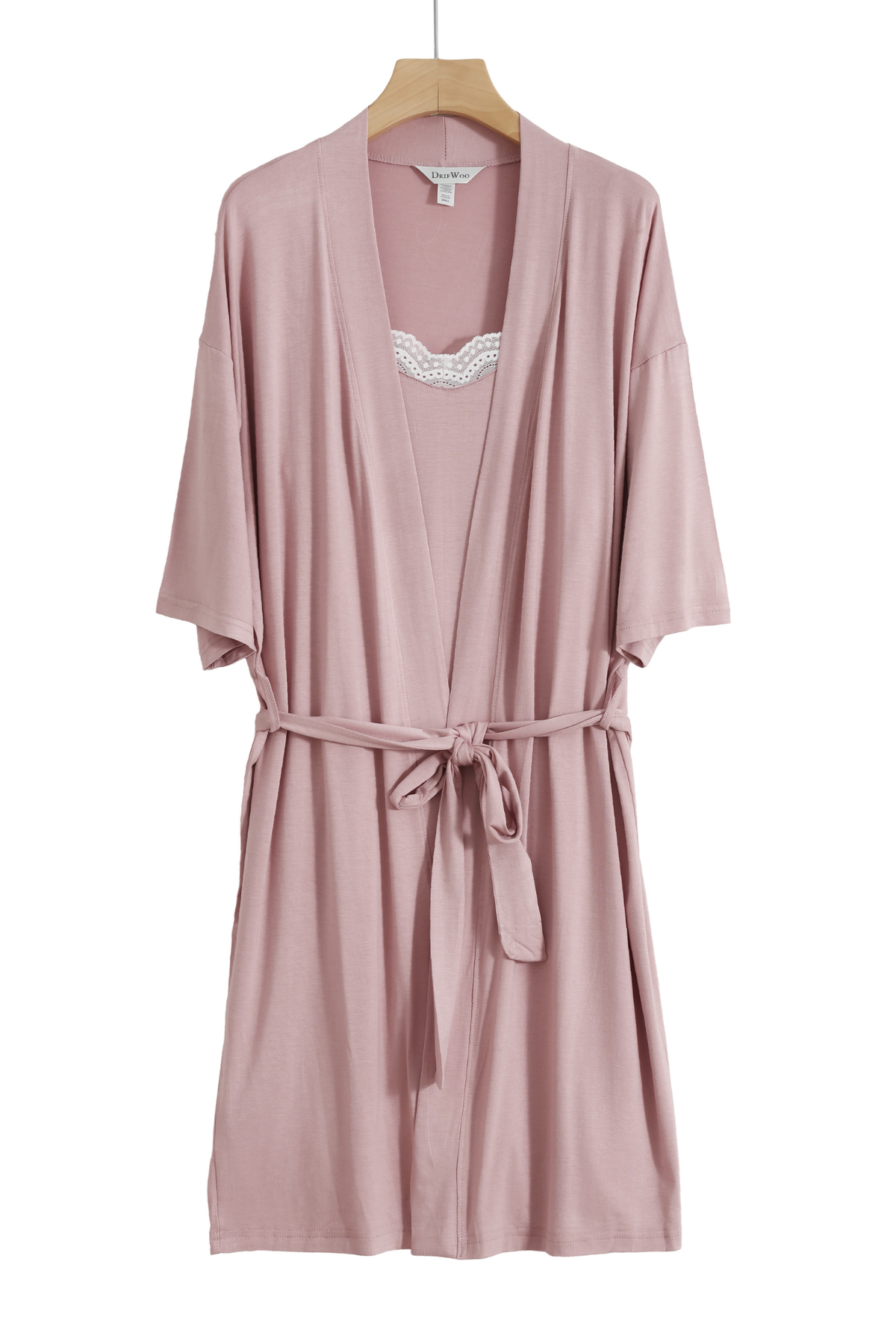 Dusty rose viscose robe with tie waist on a hanger