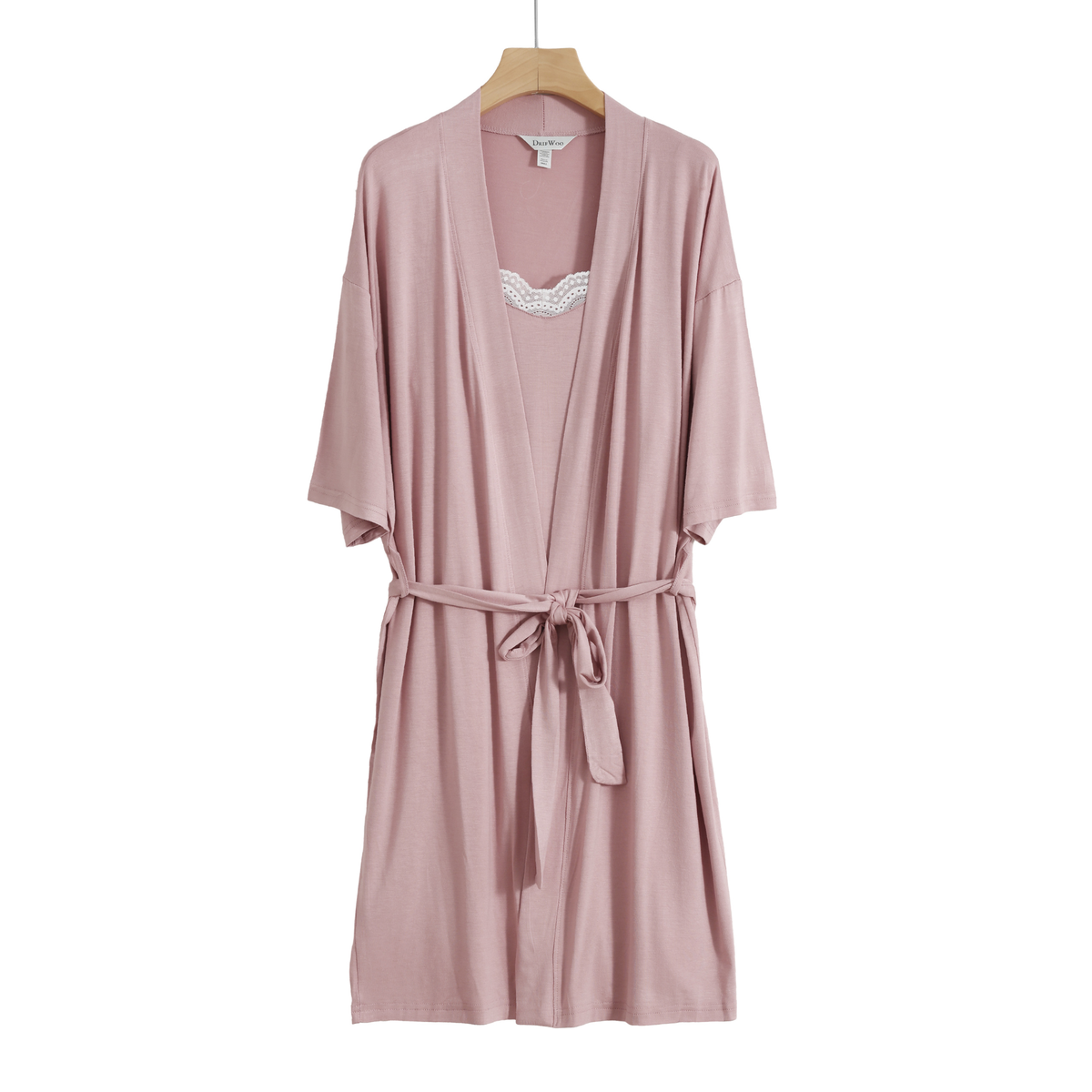 Dusty rose viscose robe with tie waist on a hanger