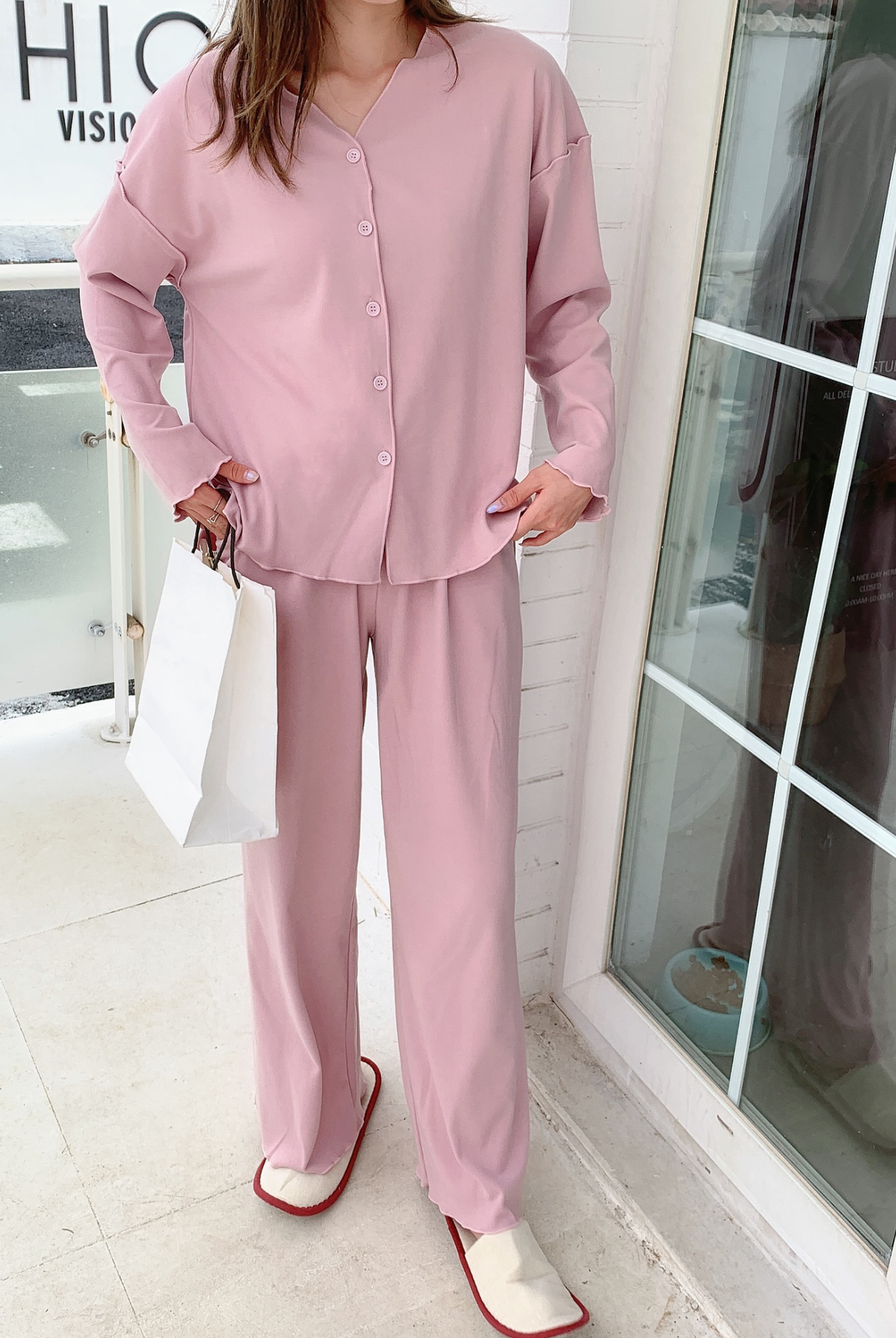 Woman wearing the dusty pink modal pajama set, full length