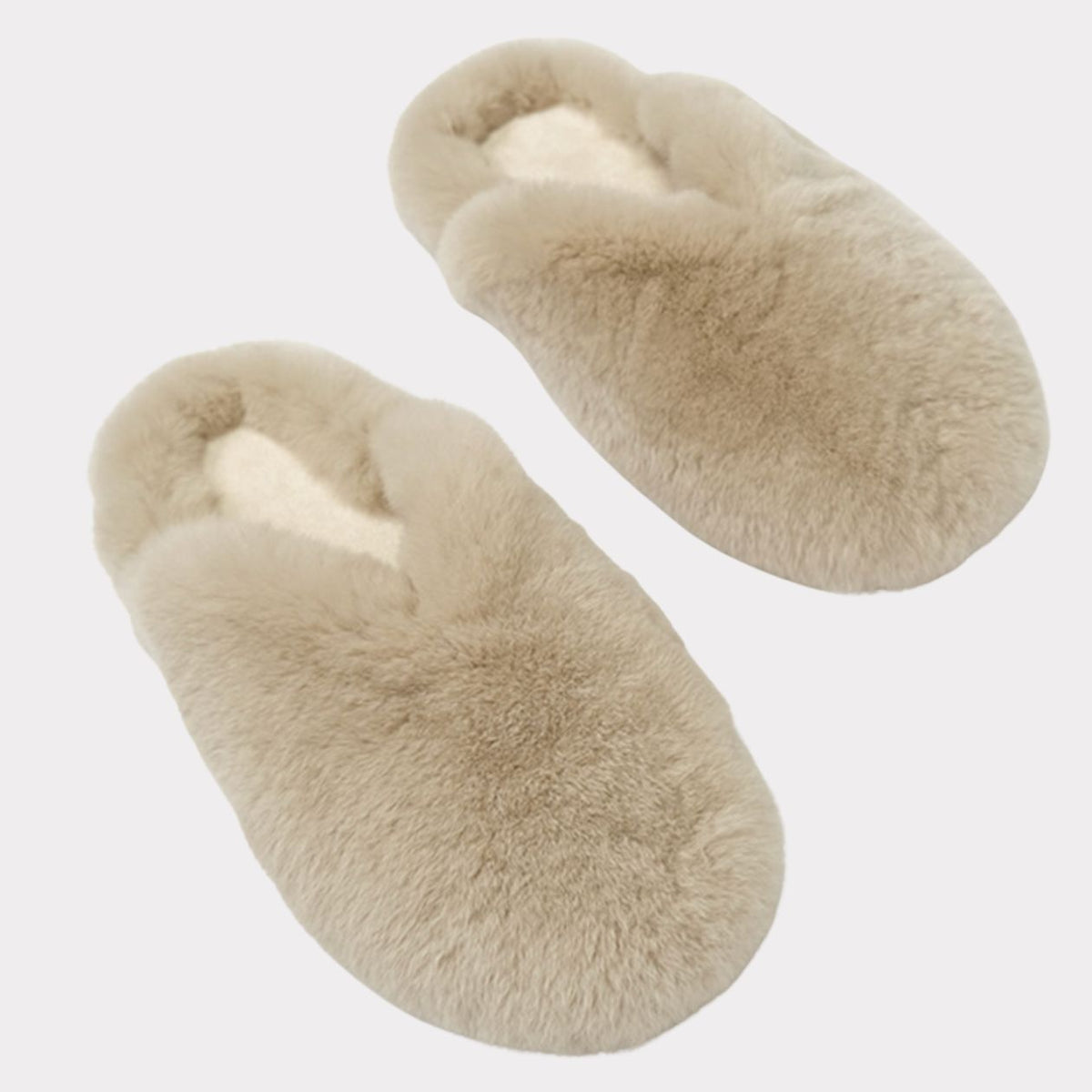 Beige plush rabbit fur slippers, product photo