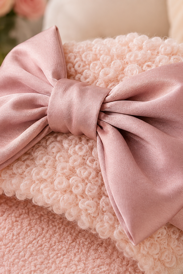 Close-up of the pink satin bow and curly faux wool texture