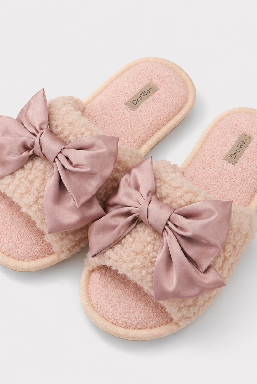 Rose pink plush slide slippers with oversized satin bows