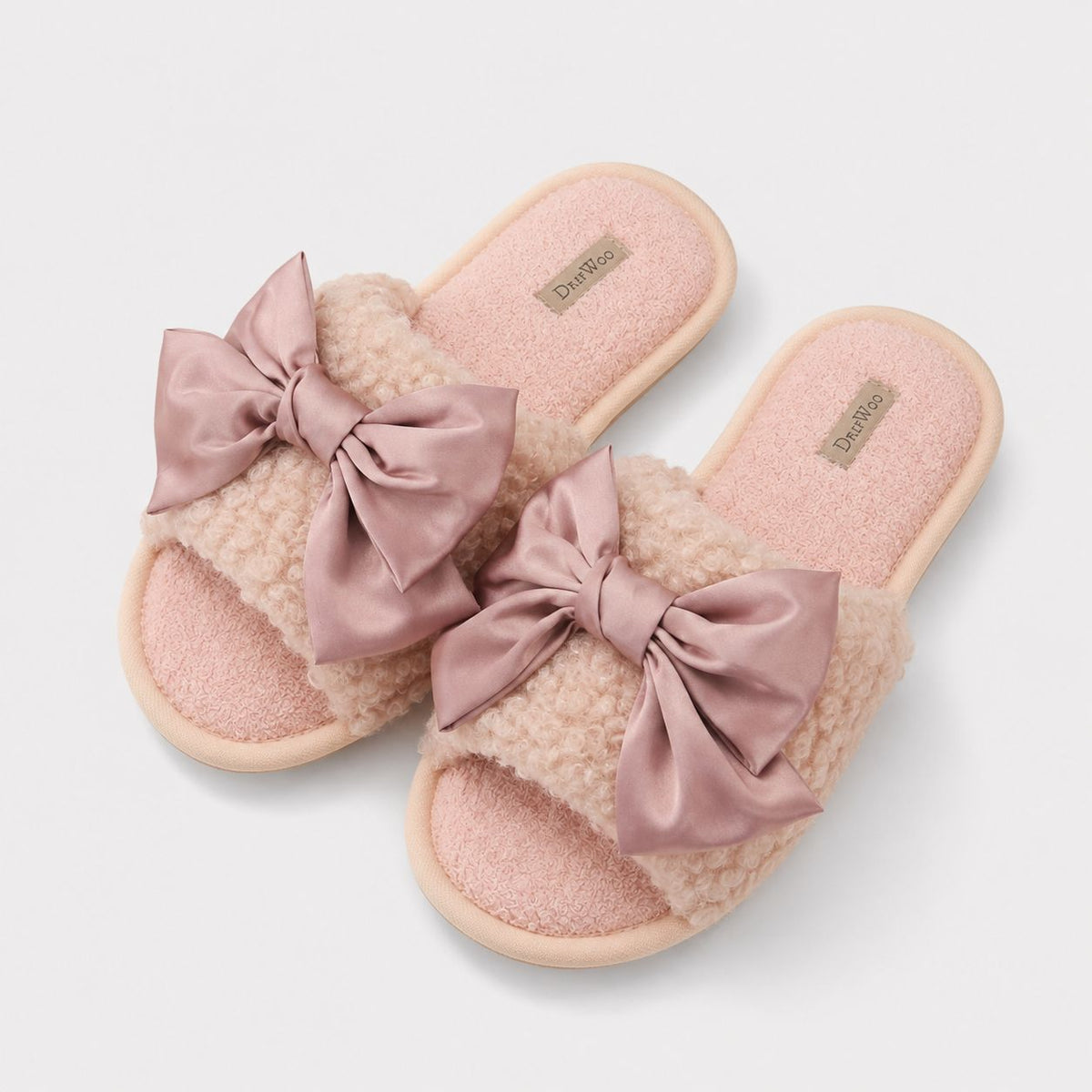 Rose pink plush satin bow slippers, product photo