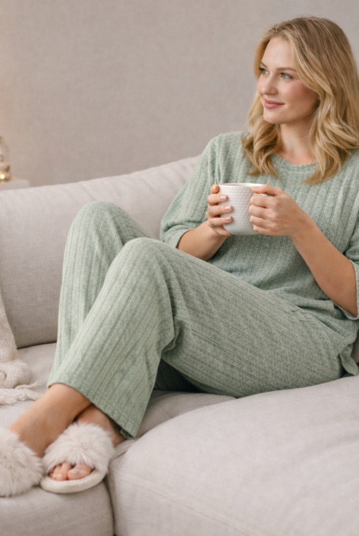 Woman relaxing on a sofa in the sage ribbed pajama set and slippers