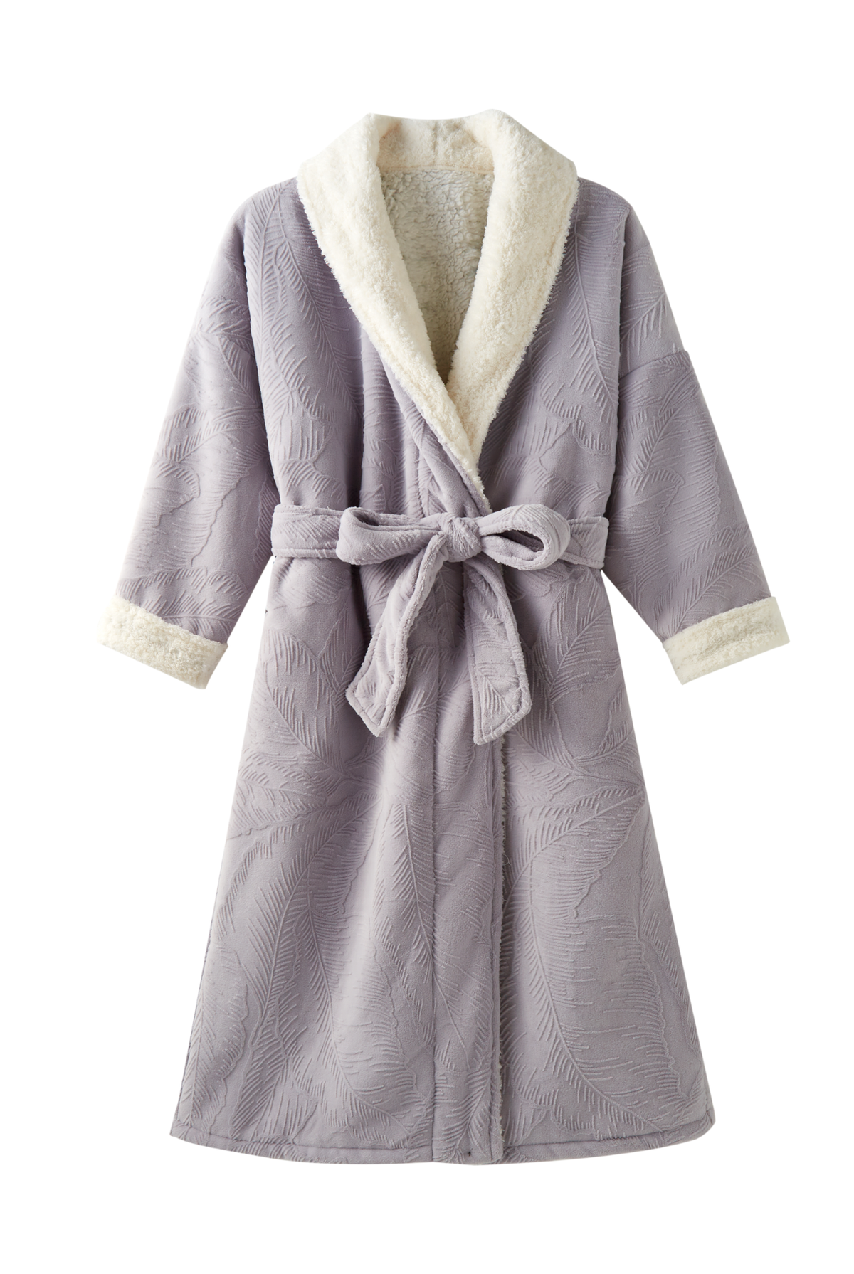 Lavender plush winter robe with ivory sherpa shawl collar and tie belt