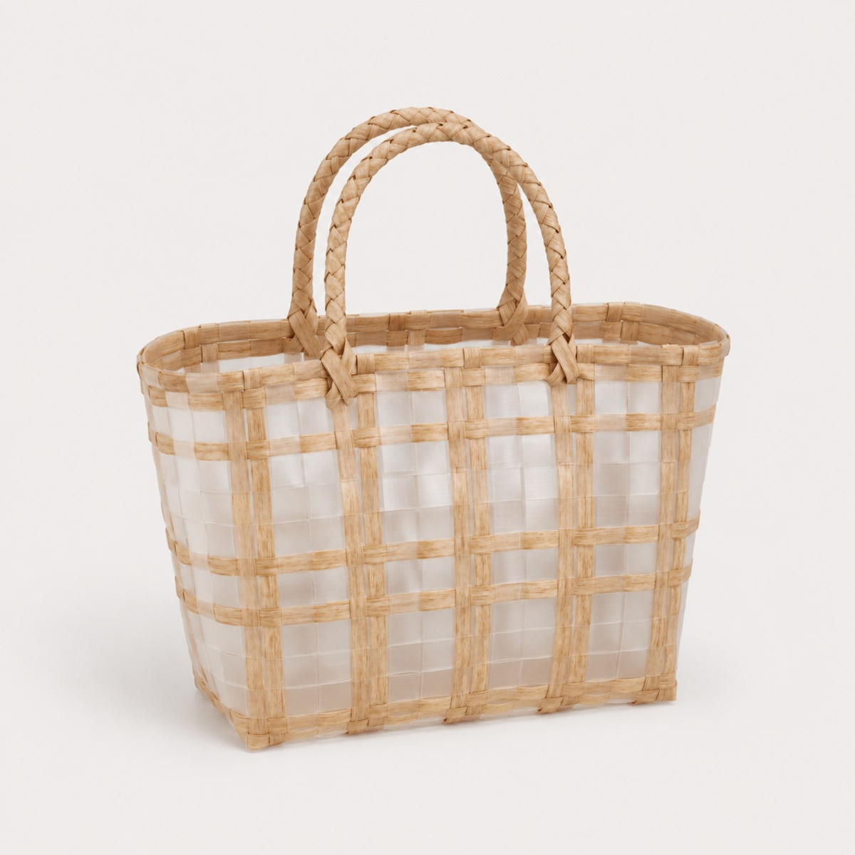 Small beige woven market tote with braided handles