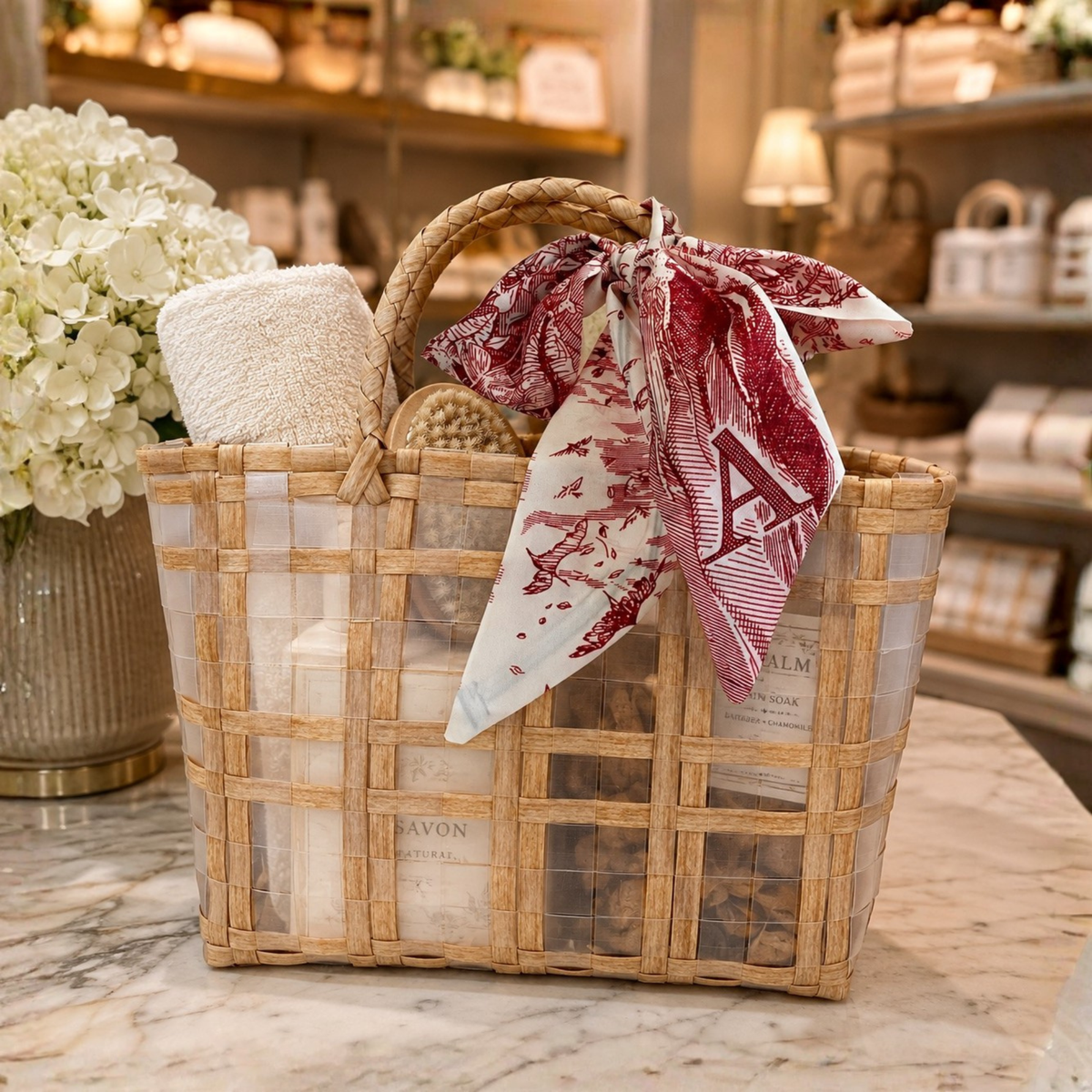 Beige woven market tote styled with a silk scarf