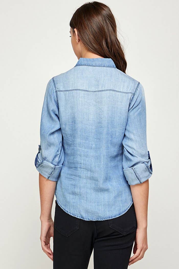 BLUE AGE - Chambray Denim Shirt with Zipper Pockets: Small-Medium-Large-XLarge (1Pack / 6 Shirts) / MEDIUM WASH