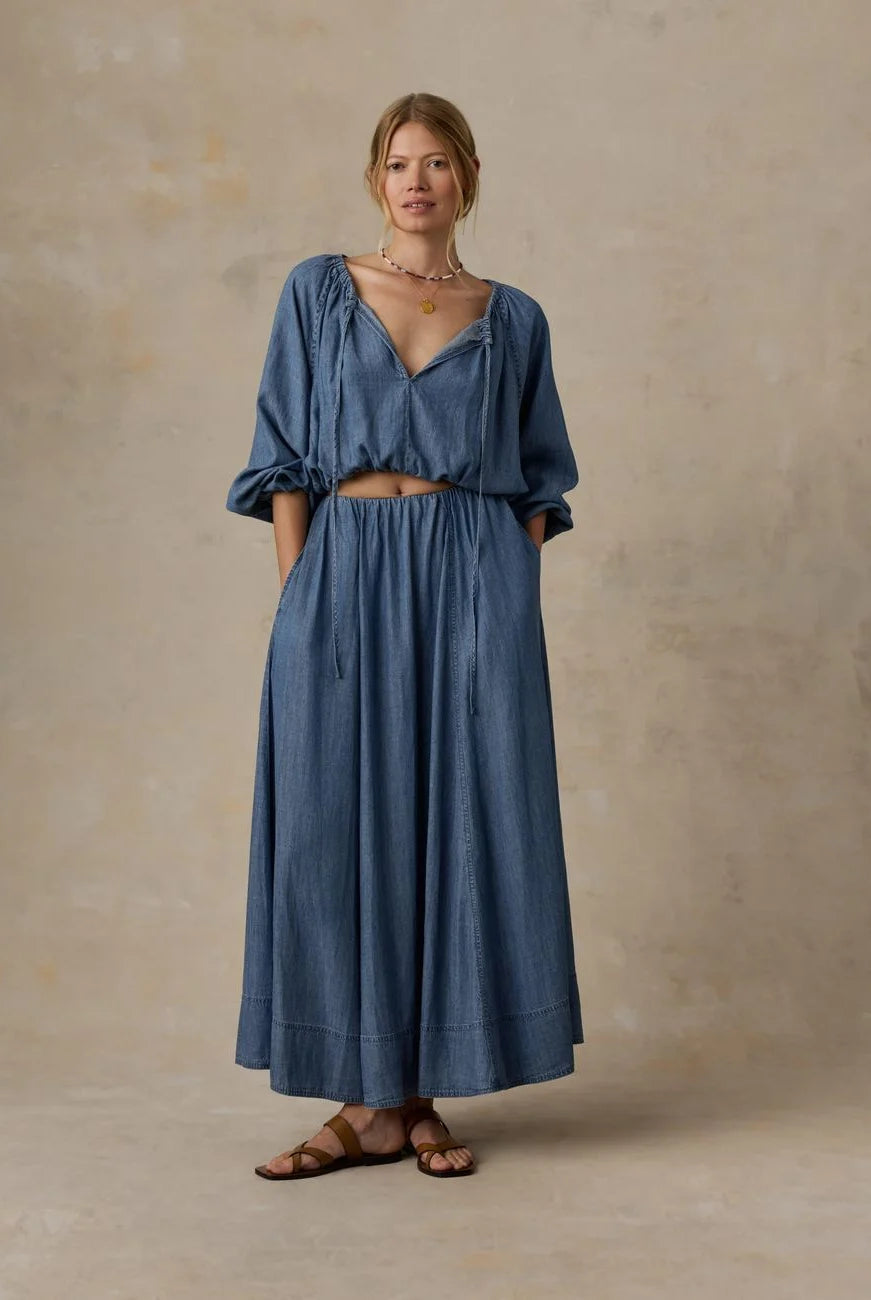 Faherty Brand Tried & True Chambray Nera Skirt in River Mist Wash — women's flowy maxi skirt styled with matching chambray top and leather sandals
