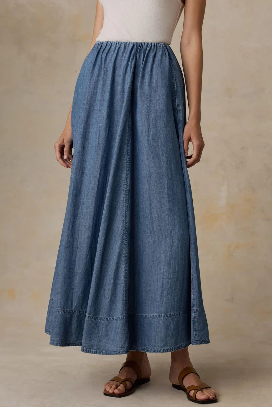 Faherty Brand Tried & True Chambray Nera Skirt front view — full maxi silhouette with elastic waist and pintuck hem in River Mist
