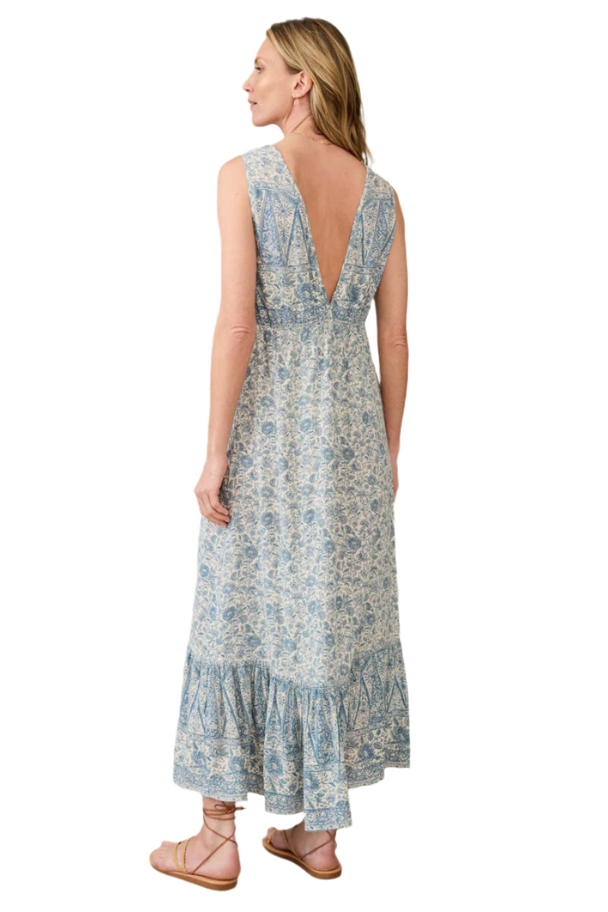 Faherty Eden Dress in blue floral print on ivory, tiered maxi with deep V-back, back view