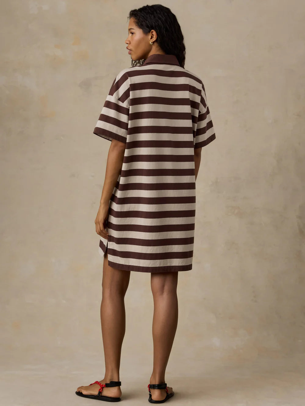 Faherty Recycled Cotton Knit Polo Dress in espresso brown and cream stripe, short-sleeve shift dress, back view