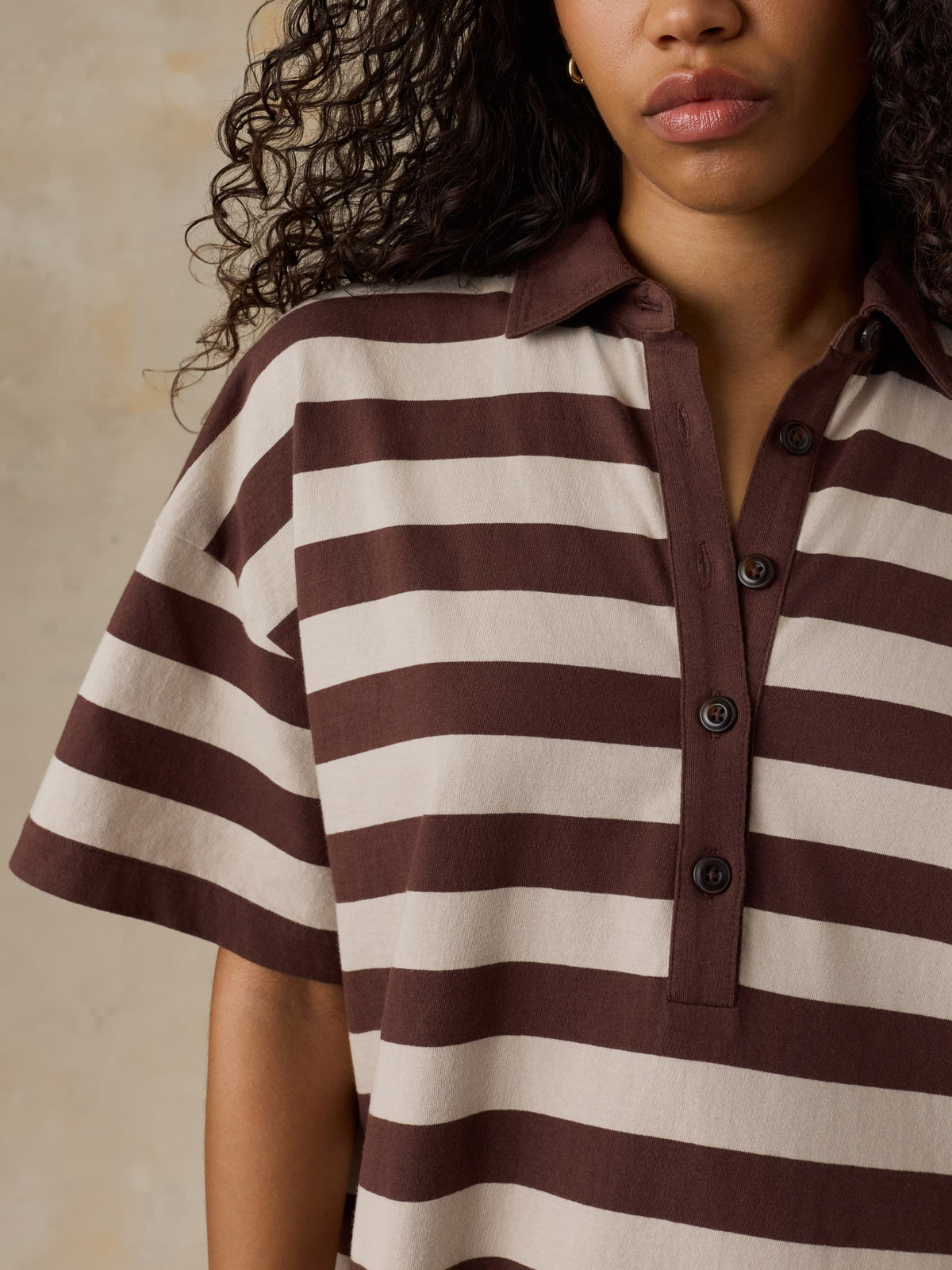 Faherty Recycled Cotton Knit Polo Dress in Espresso Stripe, close-up detail