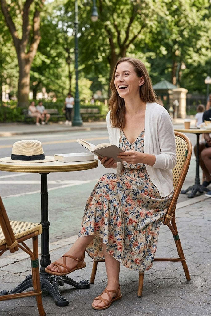 A woman sitting at an outdoor cafe table in a park, wearing a floral midi dress and a white cardigan. She is holding an open book and smiling.