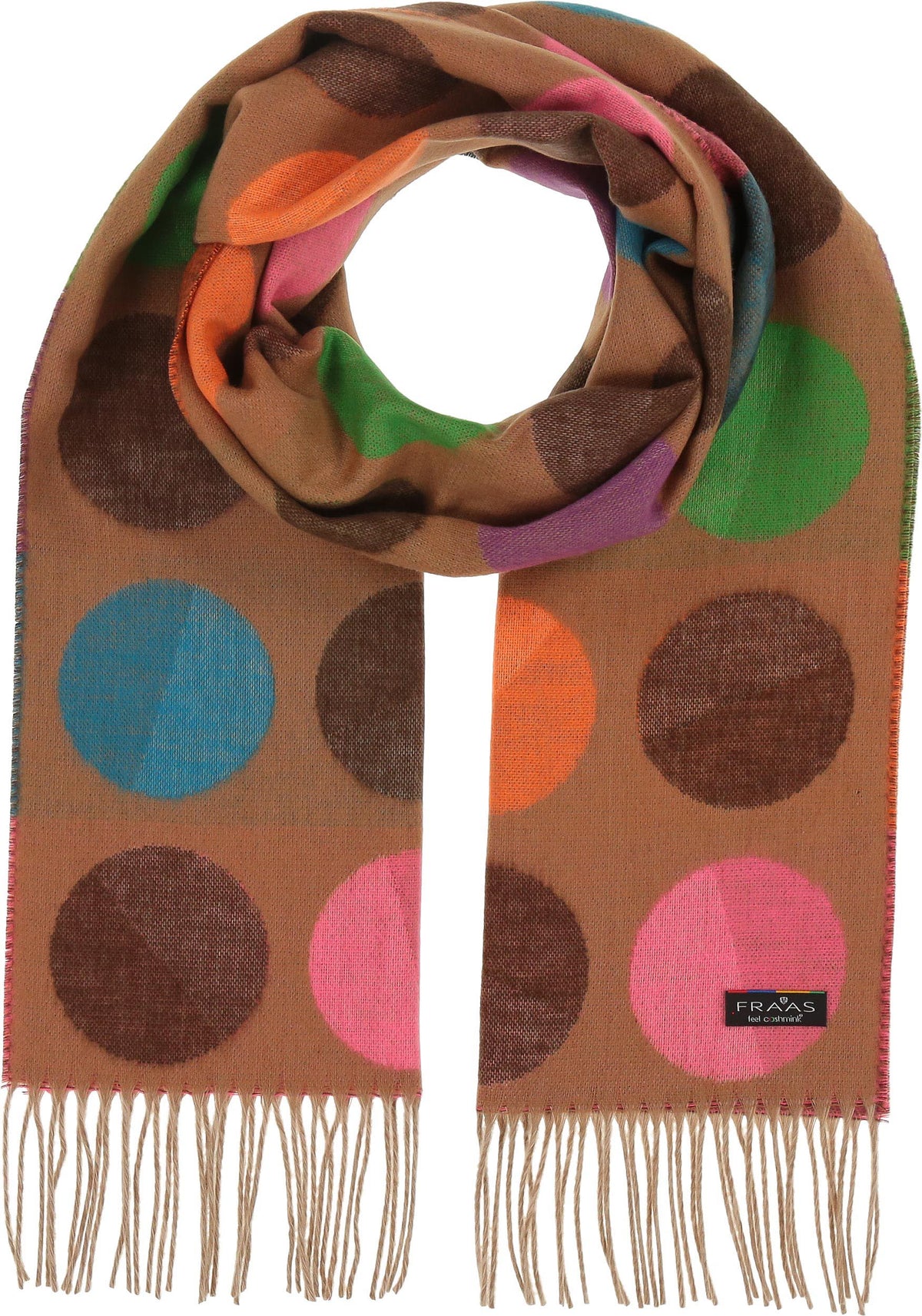 Fraas Divided Dots oversized scarf, large multicolor dots on tan with beige fringe