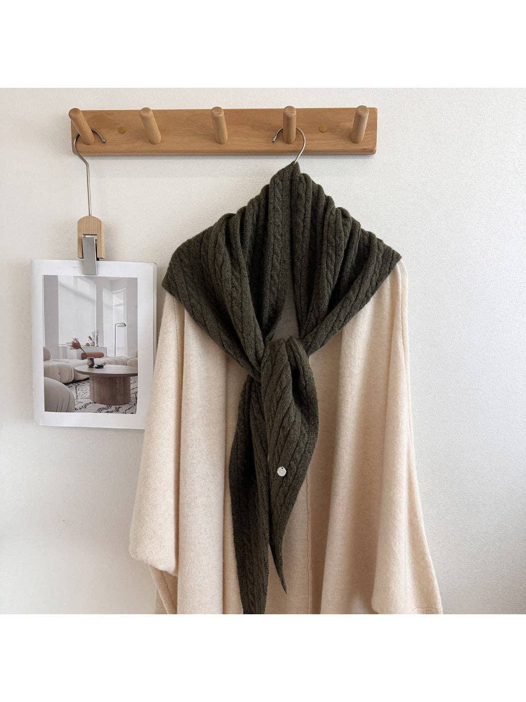 Army green cable knit triangle scarf