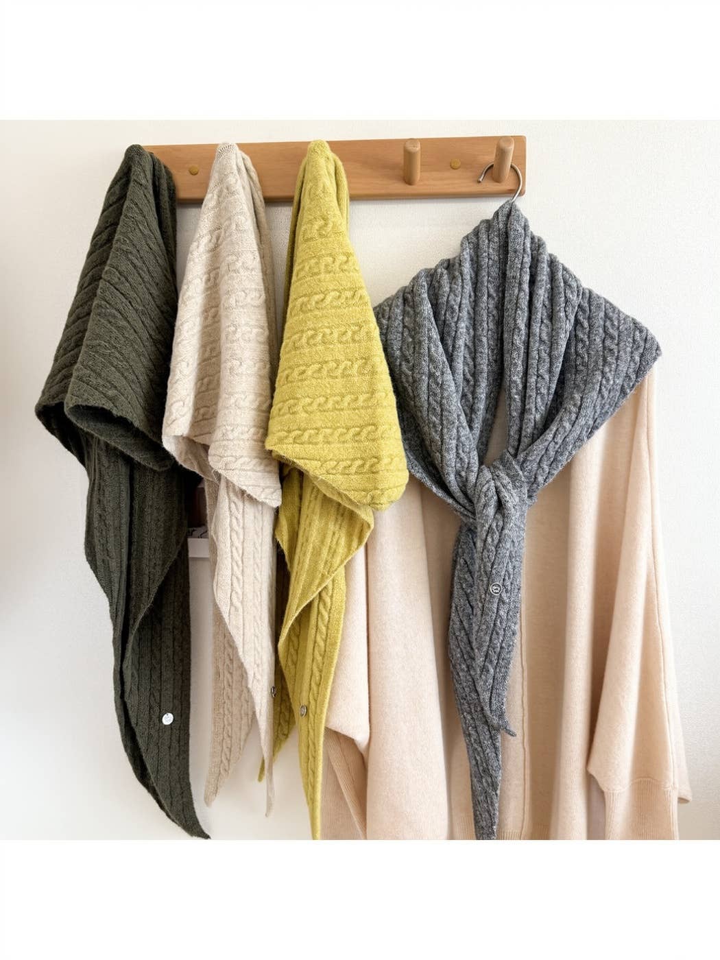 Cable knit triangle scarves in assorted colors
