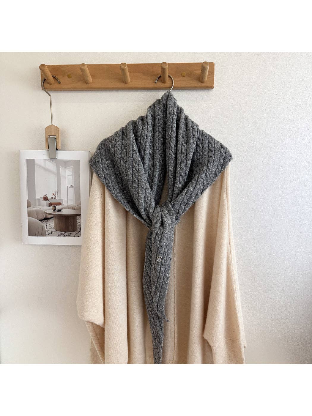 Heather grey cable knit triangle scarf