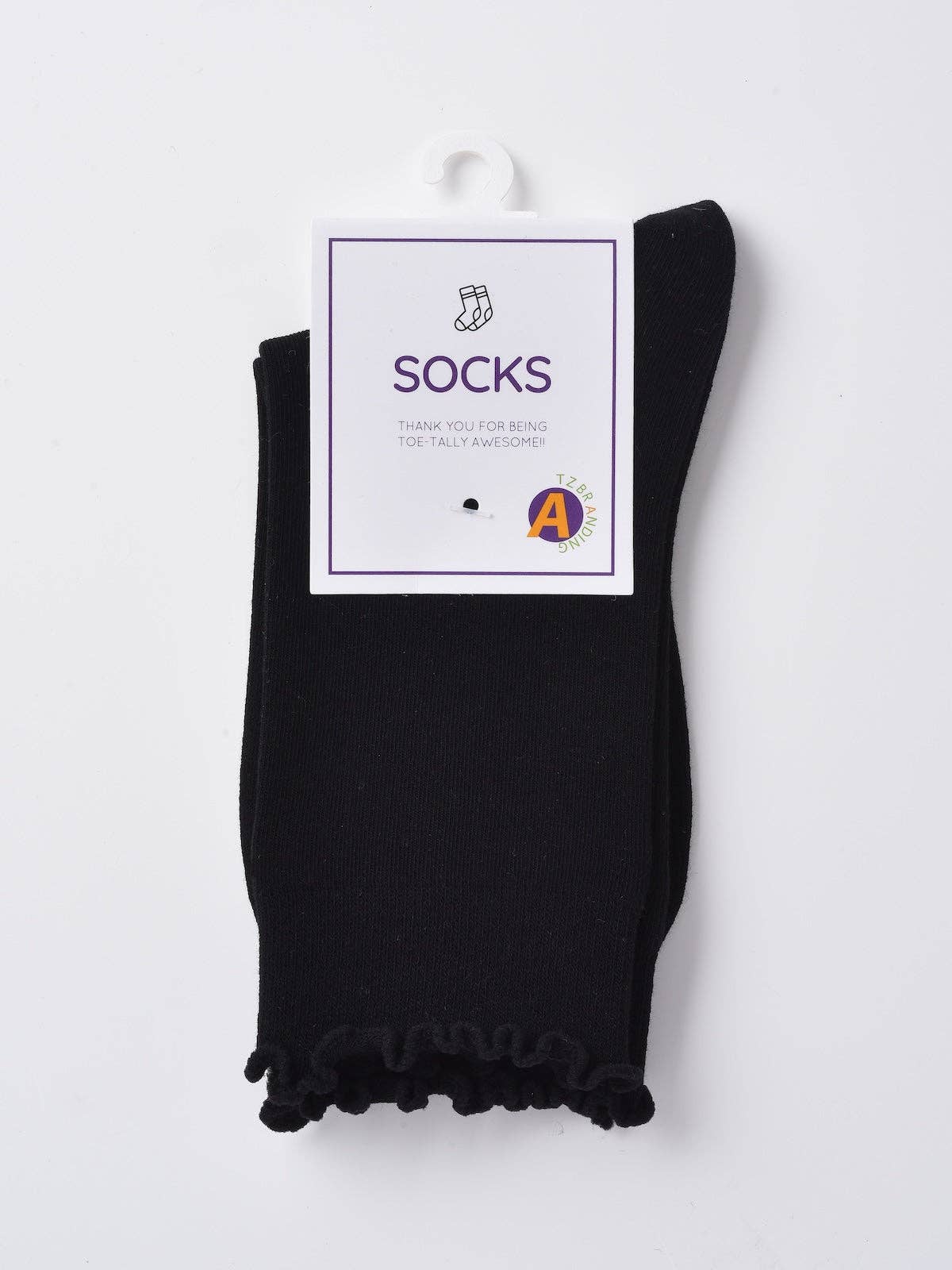 Black ribbed crew sock with lettuce edge
