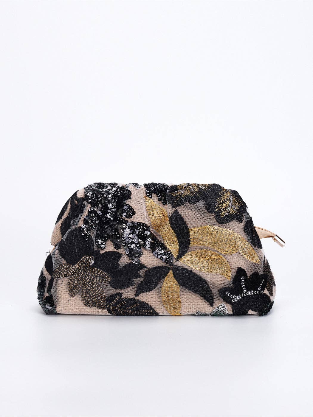 Black floral sequin evening clutch with gathered frame