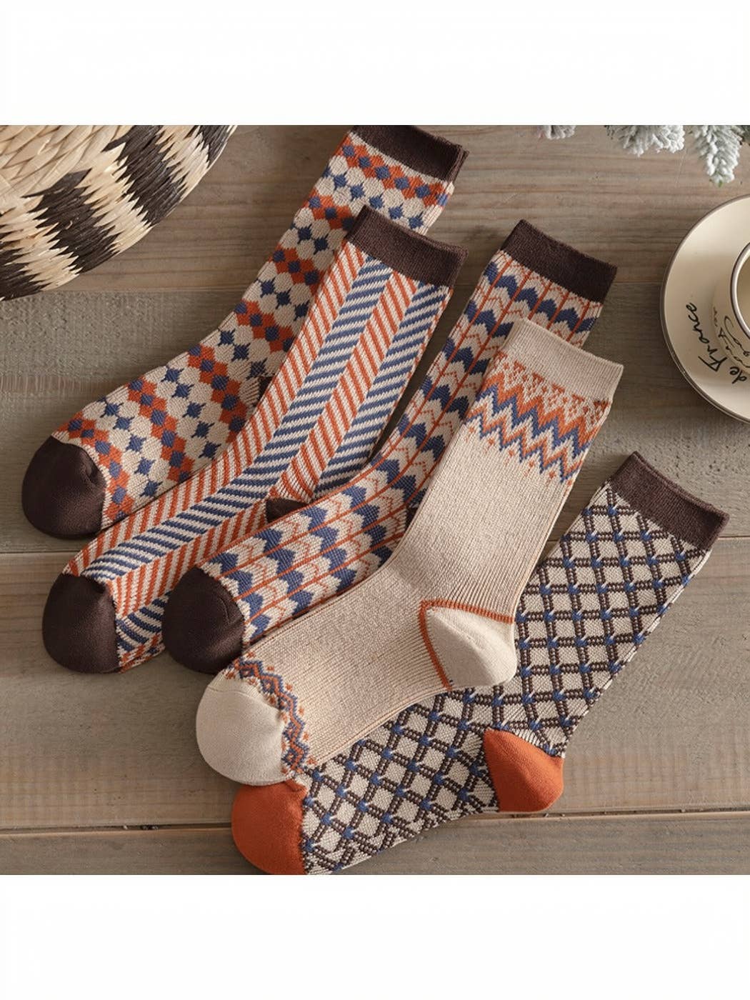 Plaid and patterned winter crew socks in brown and orange