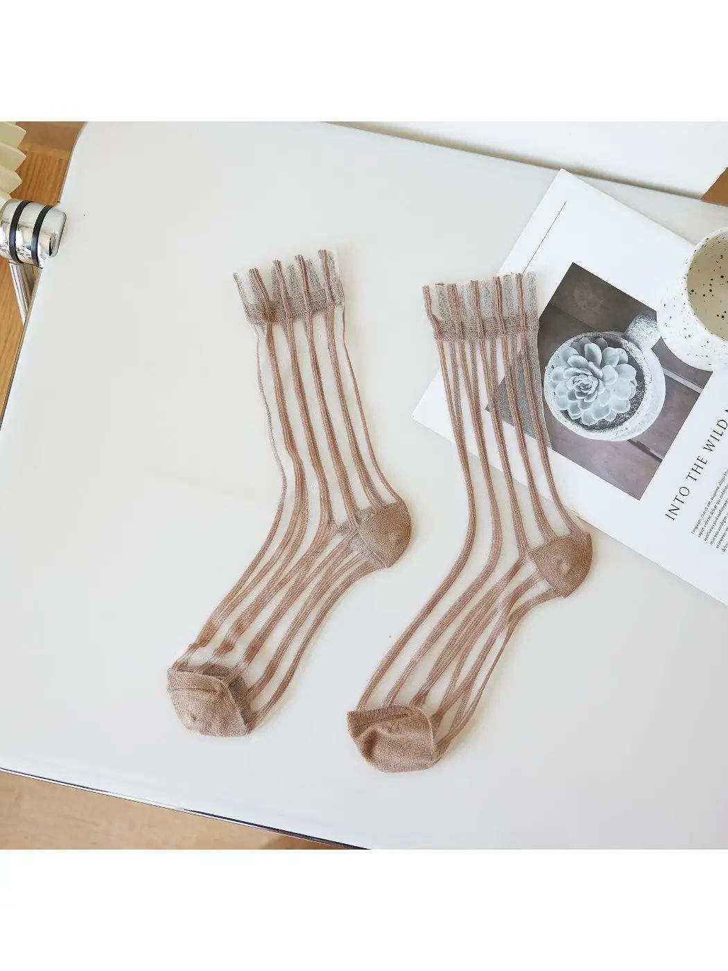 Sheer stripe panel crew socks, product photo