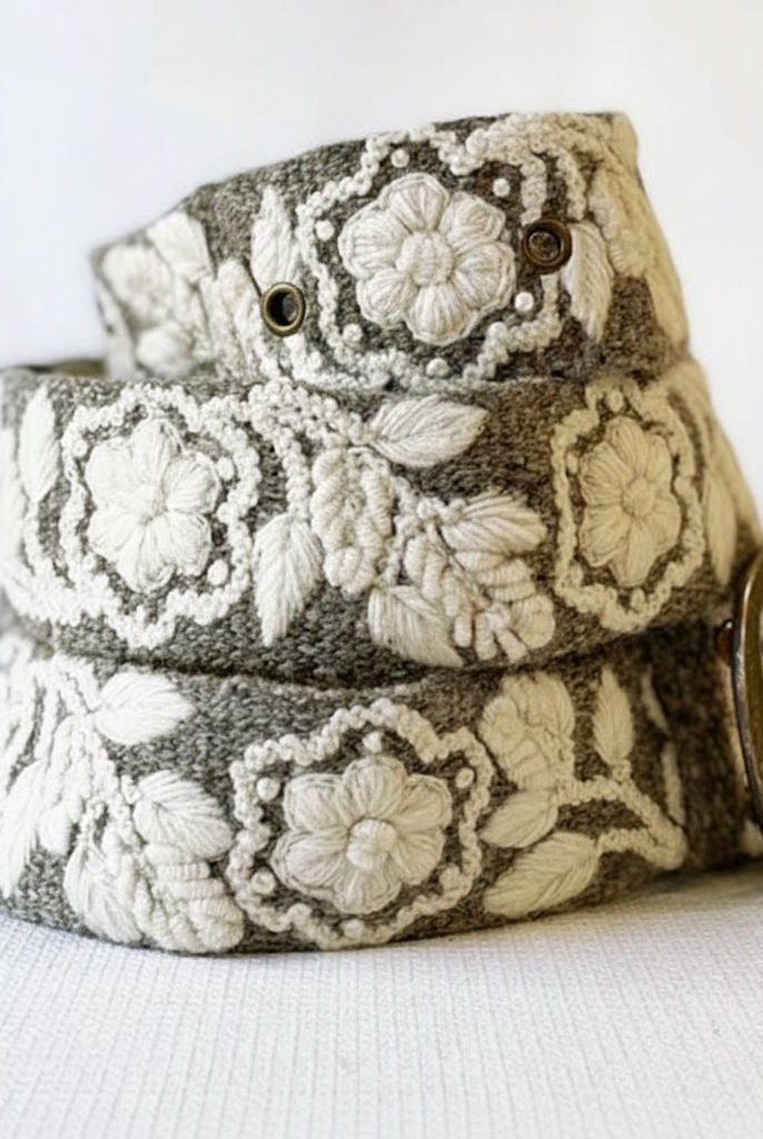 A woven belt with a gray and off-white floral pattern, coiled with a brass buckle on a light fabric background.