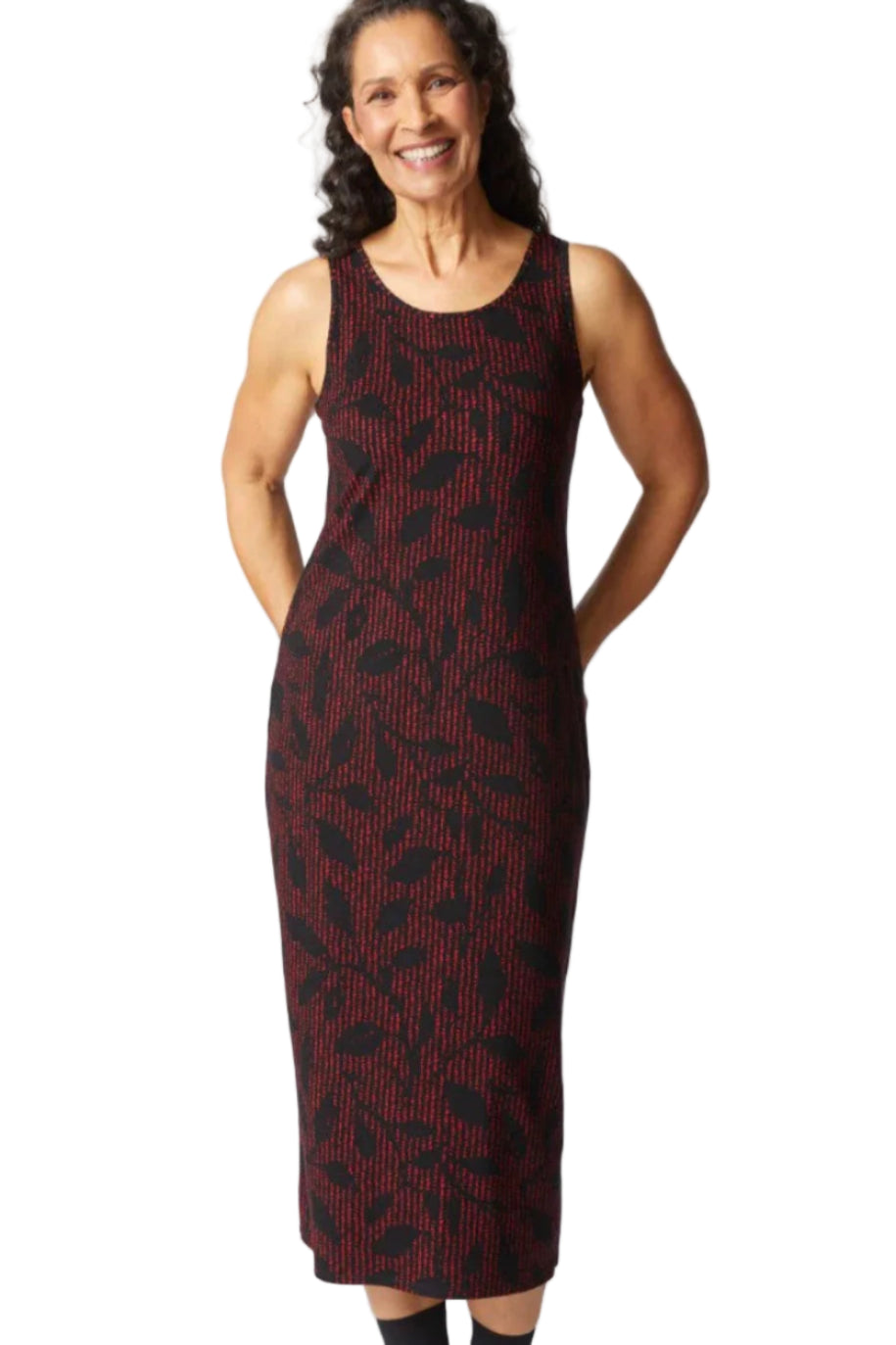 Habitat Core Travel Canopy Everything Dress in ruby red with black vine print, sleeveless column midi, front view