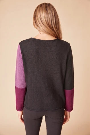 Back view of the Habitat Yin Yang Block Party Sweater in Plum, black body with lilac and plum color-block sleeves