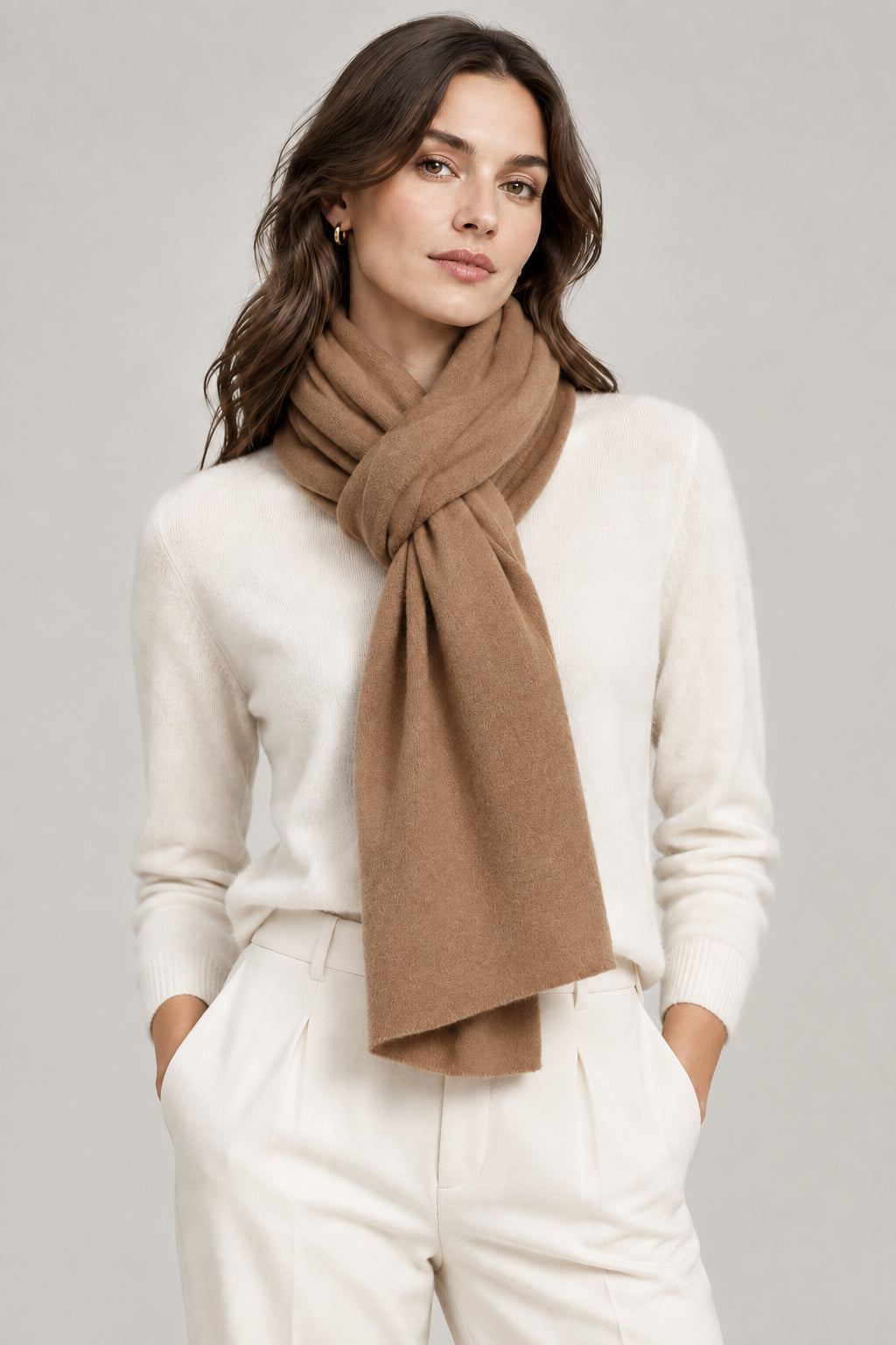 Model wearing the In Cashmere Classic Cashmere Scarf in Heather Rosewood, 100% cashmere