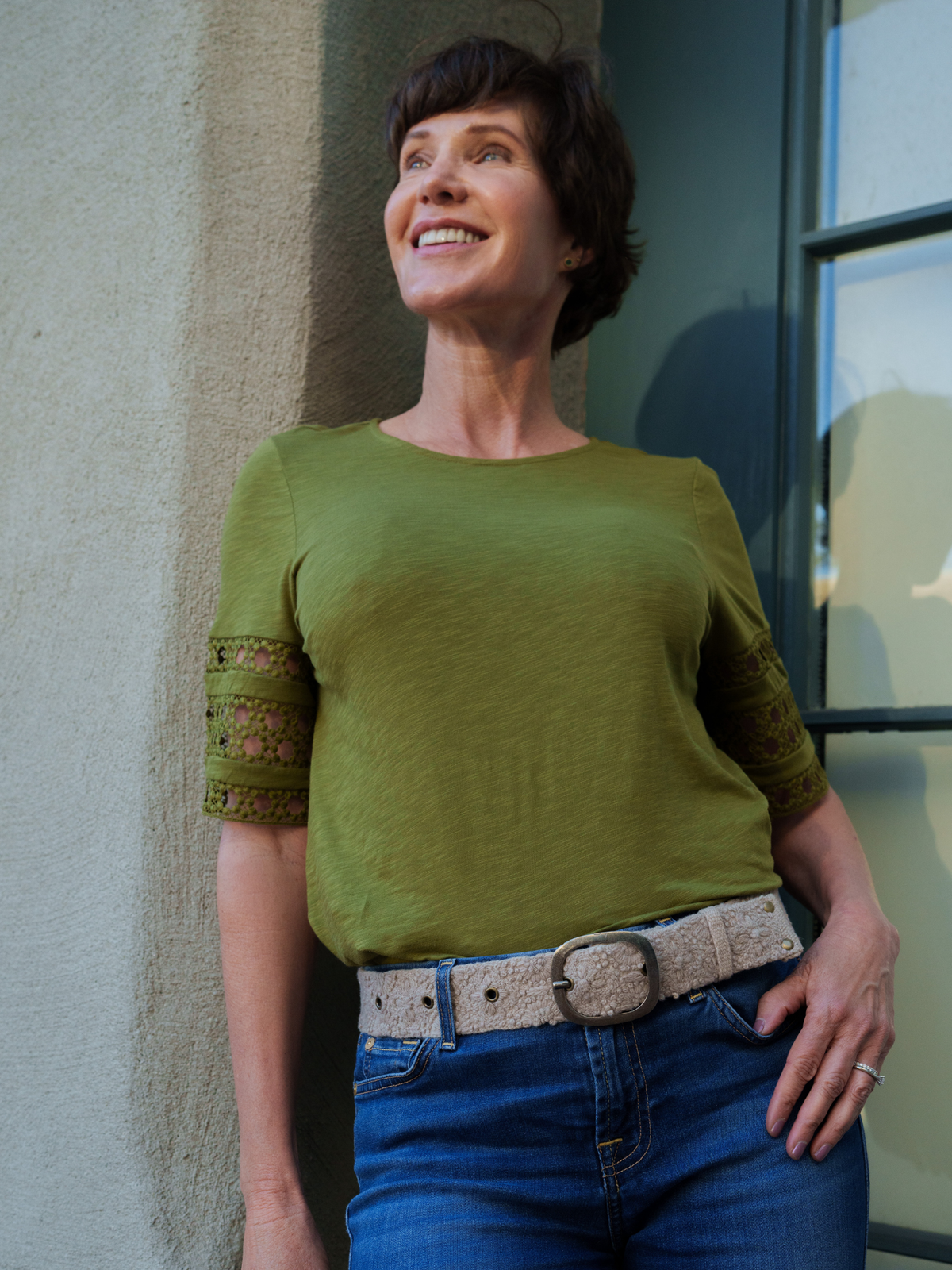 Model wearing the Jenny Krauss Desert Dreams Embroidered Wool Belt at the waist