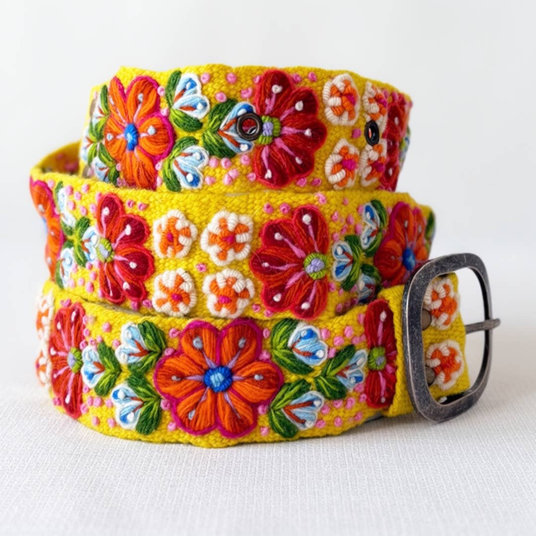 Jenny Krauss Golden Delicious Embroidered Wool Belt in golden yellow, coiled to show the hand embroidery